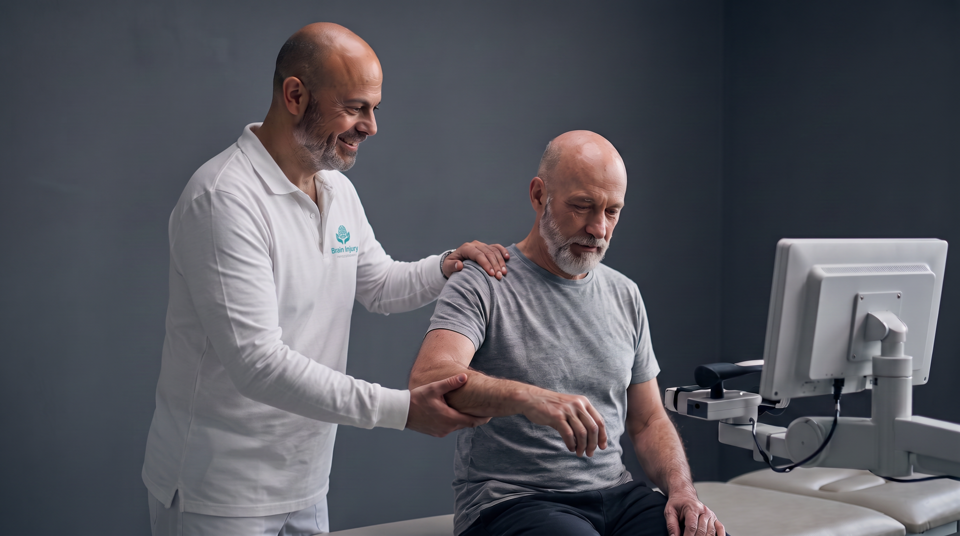 Physical therapist Nick Fotakakis assisting a stroke patient with rehabilitation exercises